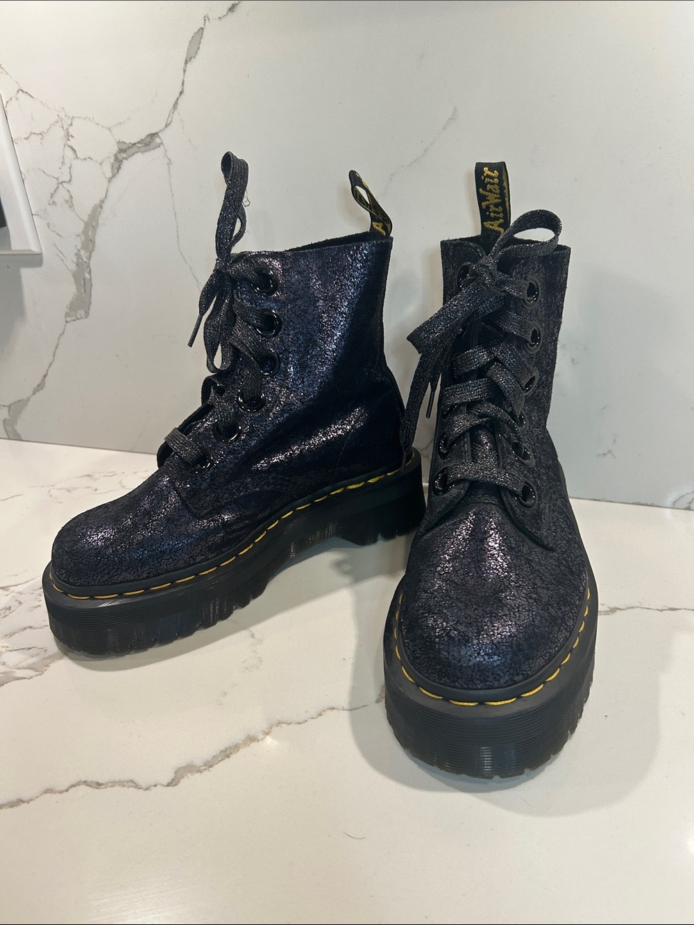 Dr. Martens Black Platform Molly Shimmer Crackle Combat Boots